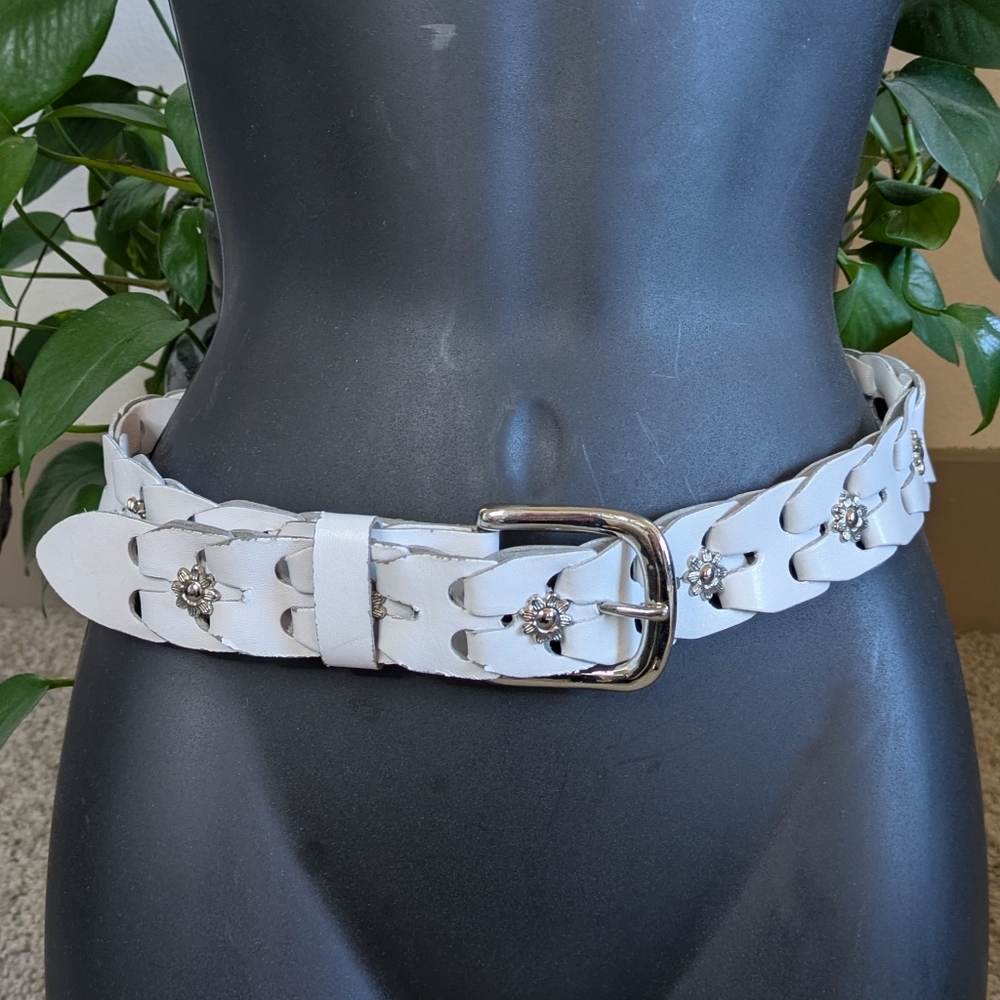 White Leather Belt with Silver Flower Accents